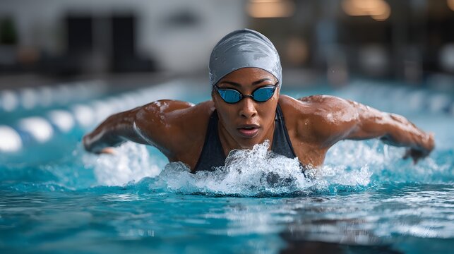 Female swimmer pushes forward energetically during a butterfly stroke in a clear blue outdoor pool