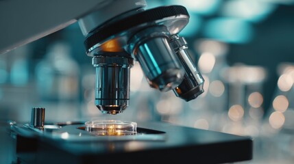 High magnification microscope in a laboratory environment focused on petri dish