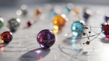 Mystical Spheres: A Colorful Glass Marble Collection with Atom Model