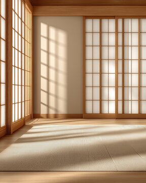 Traditional Japanese room with shoji doors and sunlight on tatami floor