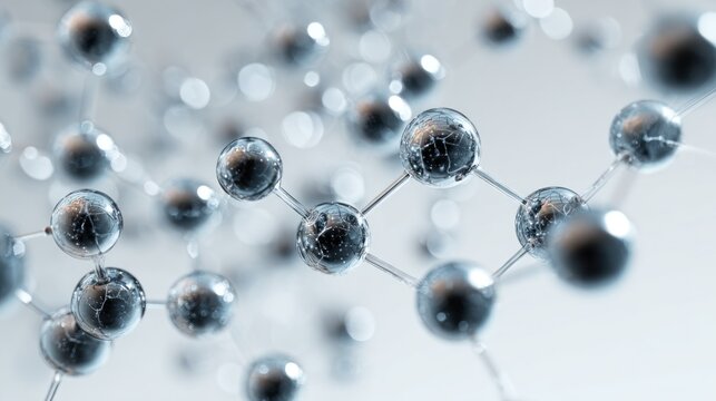 Intricate molecular structure with reflective spheres in abstract arrangement