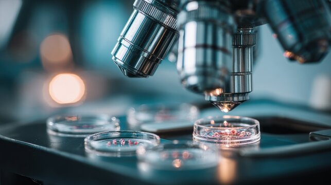 High Magnification Microscope Examining Cell Samples in Petri Dishes Closeup