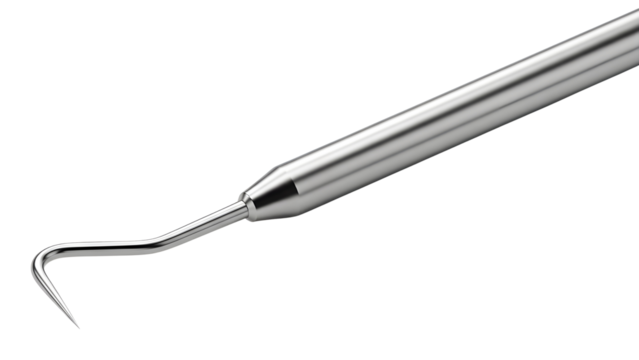 Metallic Dental Explorer Probe Instrument Isolated on White Background Close-up
