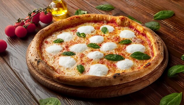 gourmet pizza thin crust with fresh mozzarella cheese on wooden background
