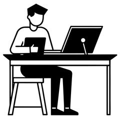 Person working at desk with laptop and tablet in black and white