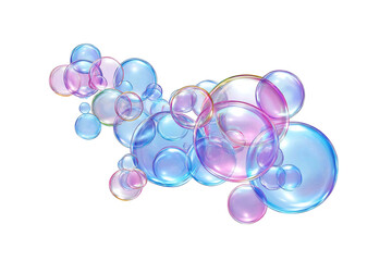 Floating soap bubble cluster frame isolated on white background