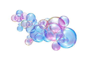 Floating soap bubble cluster frame isolated on white background