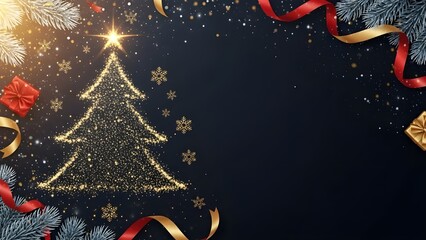 Ultra-realistic holiday background with a deep navy black theme, Christmas tree formed from tiny golden particles, snowflakes falling, ribbons, frosted pine, premium festive copy space, elegant win