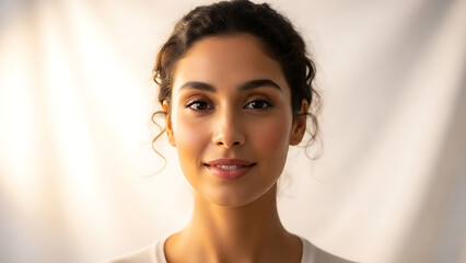 A woman with an affectionate and gentle expression, a slight smile, and a welcoming gaze.