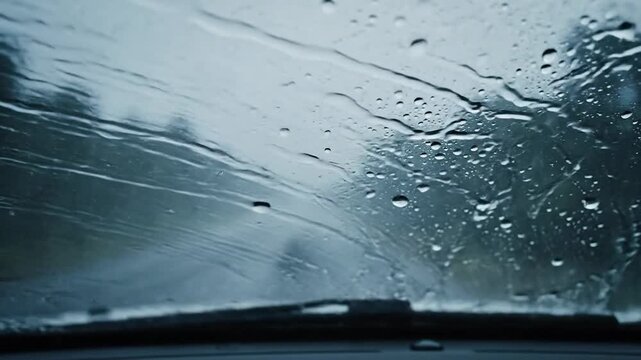 Driving through heavy rain on a misty forest road with windshield wipers clearing water droplets and streaks creating a moody atmospheric perspective on a gloomy overcast day