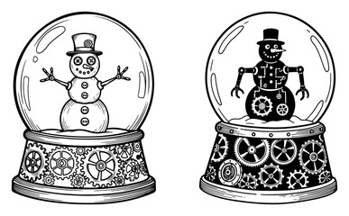 Steampunk Style Snow Globe Vector Illustration of Mechanical Robot Snowman Inside Glass Sphere on Base with Gears
