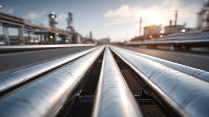 Obraz premium Industrial metallic pipes highlighted at sunset symbolize modern infrastructure, manufacturing, and technological progress in an industrial environment