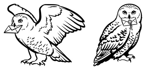 Set of snowy owls carrying envelopes with wax seals in beak flying and perched magic delivery concept