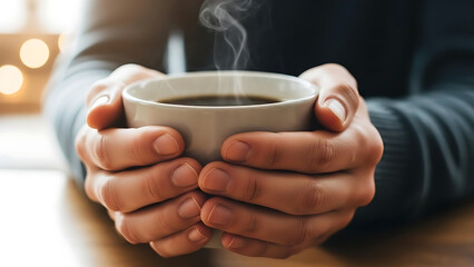 Close-up of hands holding a cup of hot coffee, light background.