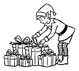 Christmas elf helper arranging pile of gift boxes with ribbons line art coloring page illustration