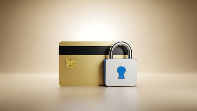 Credit card beside digital padlock icon, isolated on soft beige background, cybersecurity finance theme - Powered by Adobe