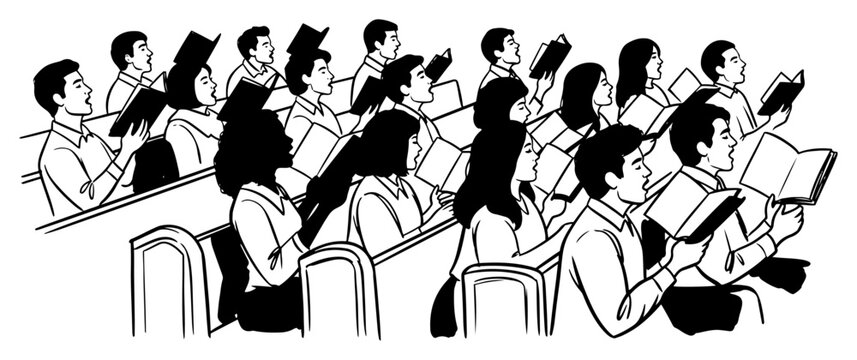 Large group of people singing hymns in church choir holding songbooks vector black and white sketch of congregation worshiping together