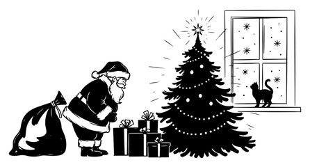 Santa Claus placing gifts under Christmas tree with cat watching from window black and white vector silhouette illustration