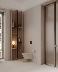 Warm contemporary bathroom with wall-mounted toilet, open shelving, and frosted glass shower door.