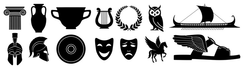 Fototapeta premium Set of Ancient Greek Icons Vector Collection of Black Silhouette Mythology and History Symbols Including Helmet Column and Vase