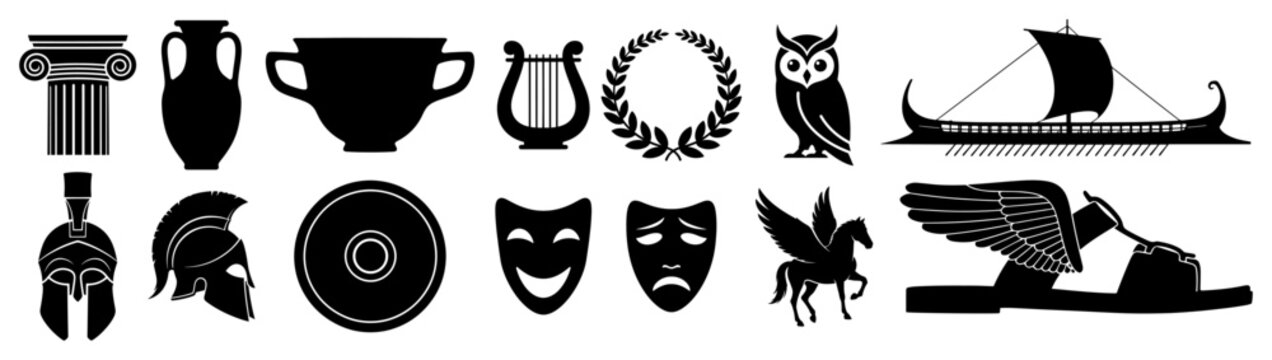 Set of Ancient Greek Icons Vector Collection of Black Silhouette Mythology and History Symbols Including Helmet Column and Vase