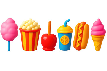 Row of cartoon food items including ice cream, popcorn, hot dogs, and a drink