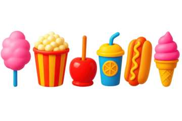 Row of cartoon food items including ice cream, popcorn, hot dogs, and a drink
