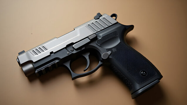 Close up of a Silver and Black Semi Automatic Handgun on Tan Background