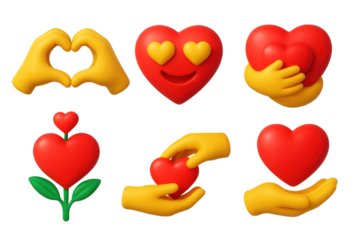 Set of six emoticons of hearts with different expressions