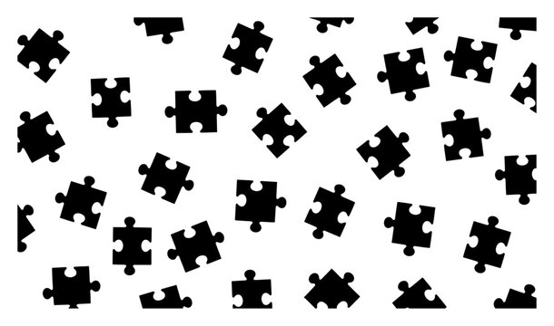 Scattered jigsaw puzzle pieces seamless pattern vector black silhouettes of game elements on white background representing logic and problem solving concept