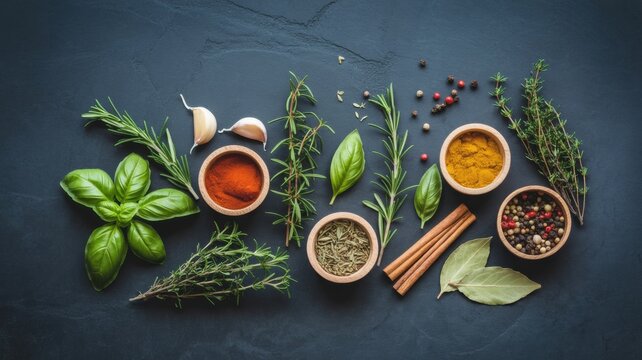 Fresh herbs and spices on a slate background, top view. A photo with a place for the text.