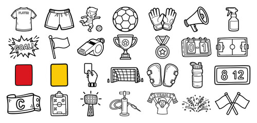 Soccer and football hand drawn icon set with sports equipment referee tools and accessories in doodle style