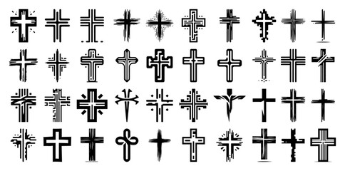 Set of Grunge Hand Drawn Christian Crosses Vector Collection of Sketchy Black Crucifix Symbols