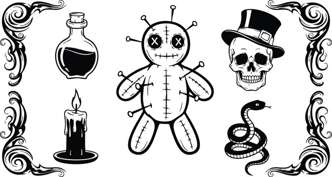 Tattoo flash style frontal voodoo doll with stitched x eyes and pins, skull wearing top hat, coiled snake, potion bottle, lit candle, ornate corner frames black