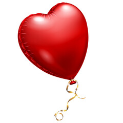 Red heart-shaped balloon with gold ribbon tied to its knot, against a plain white background.