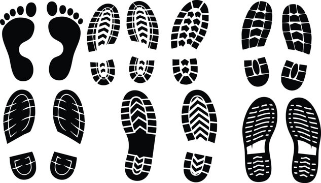 Flat design black footprint and boot sole silhouettes close-up top-down layout with barefoot toe prints, zigzag sneaker tread, heavy lug sole pairs, high-contrast vector art graphic