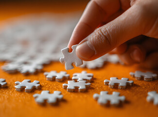 A hand carefully places the final piece into a white jigsaw puzzle set against a bright orange backdrop. Detached puzzle pieces suggest the puzzle is near completion, symbolizing problem-solving and