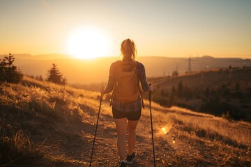 Woman Hiker Walking Toward Sunset on Trail with Backpack and Trekking Poles