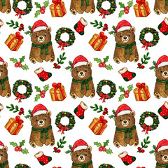Pattern con graziosi orsacchiotti con cappello di babbo natale e decorazioni natalizie miste, illustrazione ad acquerello