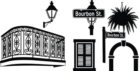 Silhouette vector bourbon street icon set with wrought-iron balcony, shuttered window, arched entrance, street lamp and palm silhouette, frontal angle, ornamental railing, black and white flat