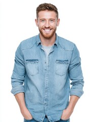 Fototapeta premium Cheerful Man in Casual Attire Smiling Confidently with Hands in Pockets