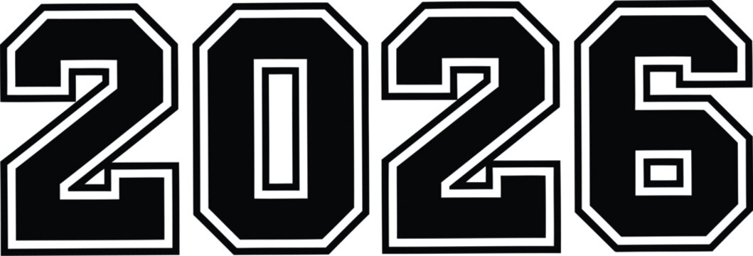 Bold black and white collegiate style year 2026 with outline design