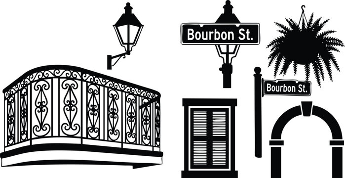 Silhouette vector bourbon street icon set with wrought-iron balcony, shuttered window, arched entrance, street lamp and palm silhouette, frontal angle, ornamental railing, black and white flat