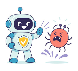 Vector illustration of cute security robot defeating a cartoon virus, symbolizing digital protection, cybersecurity, and safe technology in a fun, friendly illustration style
