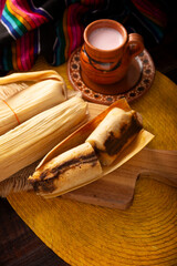 Tamales. Traditional dish typical of Mexico and some Latin American countries. Corn dough wrapped in corn leaves. The tamales are steamed.