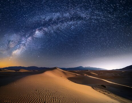 stunning desert landscape featuring golden sand dunes clear night sky filled with stars and milky way serene atmosphere evokes sense of wonder