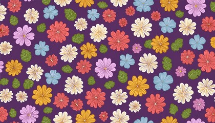 seamless pattern with delicate multicolored flowers in flat style on a lilac background for fabric or packaging design