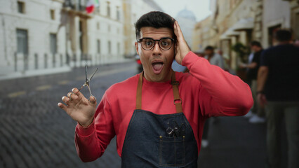 Young man wearing glasses and apron holds scissors while standing on a bustling city street, showcasing his barber skills in an energetic urban environment.
