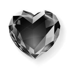 A black diamond in the shape of a heart, with a faceted surface and subtle shading, is centered on a plain white background, creating a striking visual contrast.