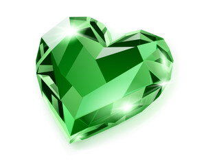 Illustration of a green gemstone cut into a heart shape with multiple facets reflecting light on a white background.